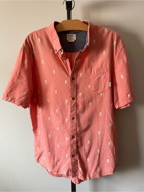 Vans Skull Pineapple Classic Fit Salmon Coral Button Down Shirt Mens Large